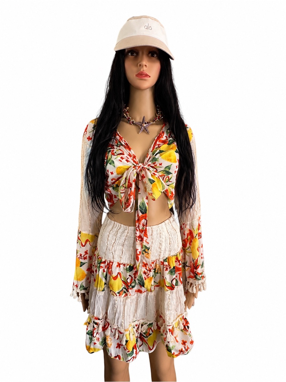 Moda D’Amare Italy Women’s 2 Piece Lemon Floral Tie Front Crop Top & Smocked Ski